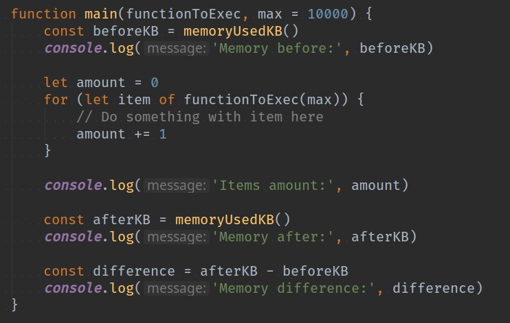 The main function that uses provided  in  loop to iterate the random items and shows memory used difference before and after the function call